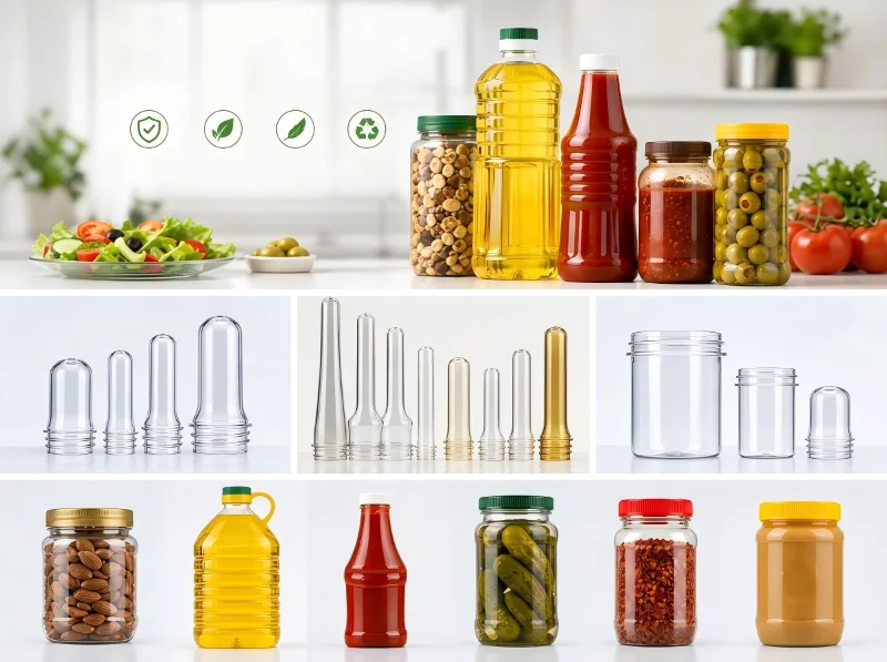 Preforme di bottiglie di plastica accanto a barattoli pieni, che mostrano soluzioni di imballaggio alimentare come bottiglie di olio, contenitori per condimenti e opzioni riciclabili.