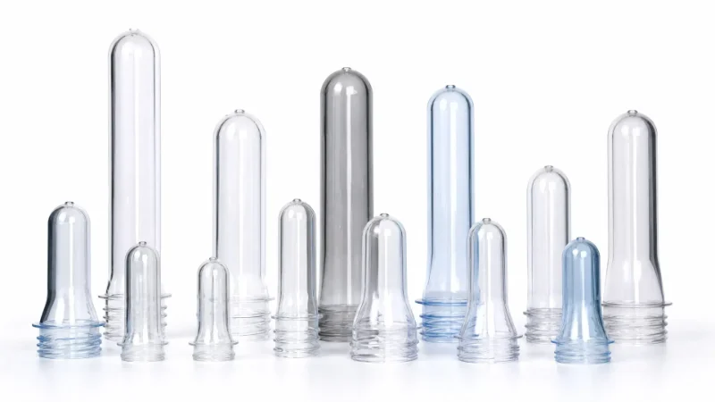 Transparent plastic bottle preforms in various sizes and shapes for injection molding applications.