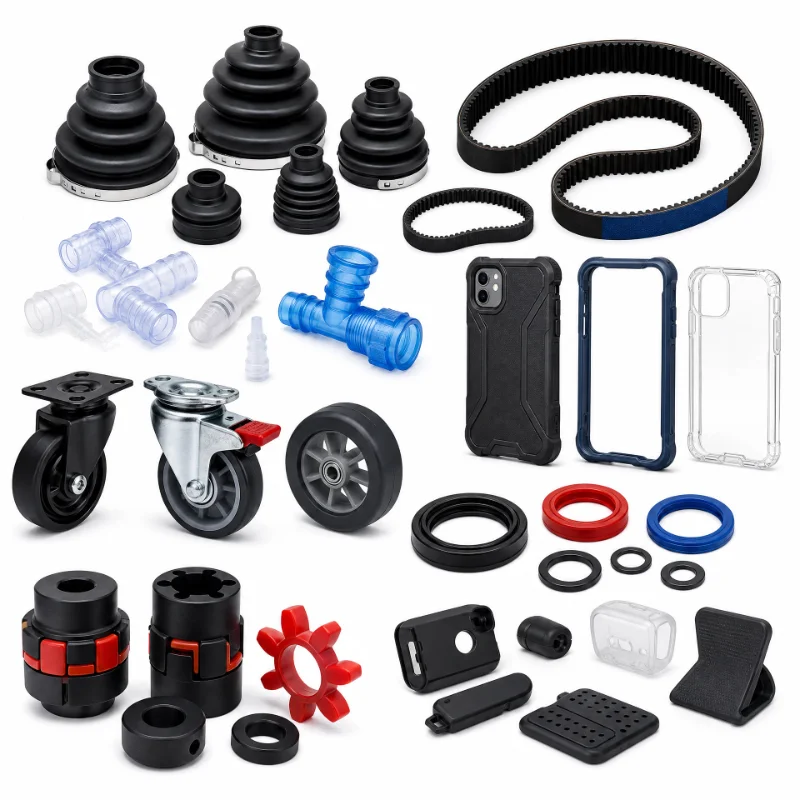 Collection of plastic injection molded parts like grommets, phone cases, wheels, seals, and adapters in diverse sizes and designs.