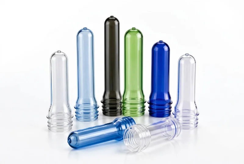 Preforme in plastica per la produzione di bottiglie nei colori trasparente, blu, verde e nero, disposte su uno sfondo bianco.