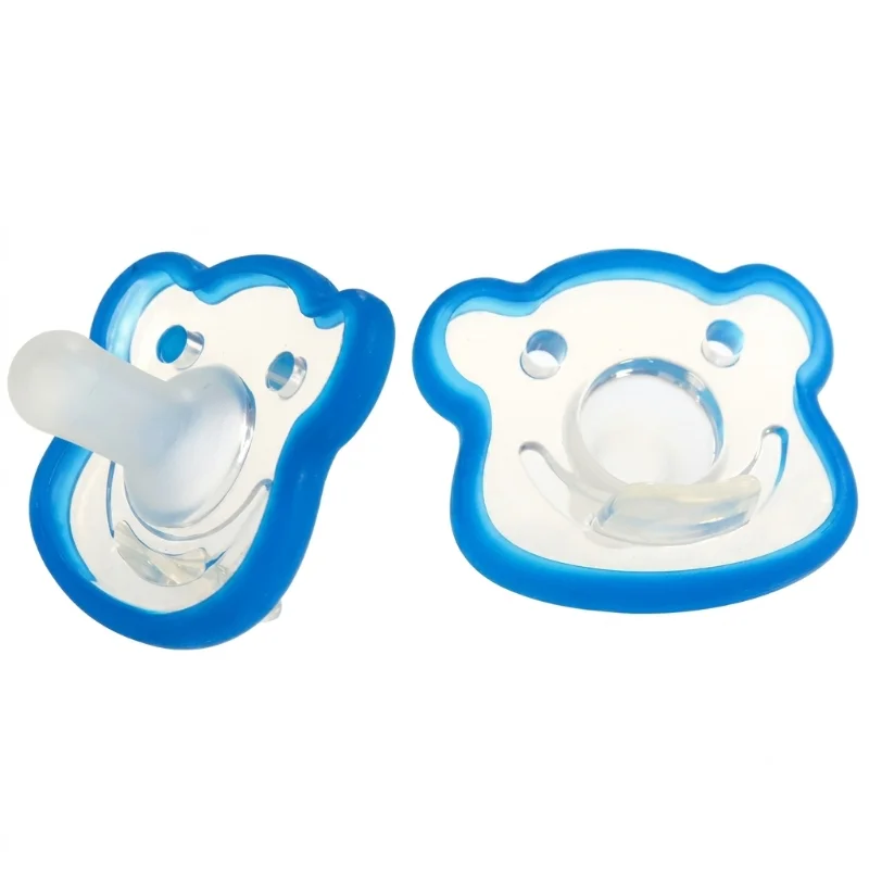 Two baby pacifiers with blue bear-shaped designs, one featuring a silicone nipple and the other without.