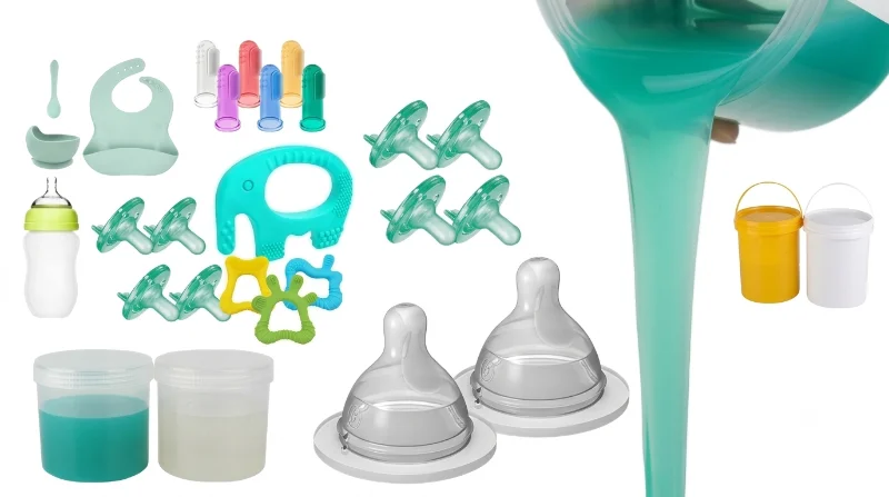 Various baby silicone products such as pacifiers, teethers, bibs, bottle nipples, and containers, with liquid silicone being poured.