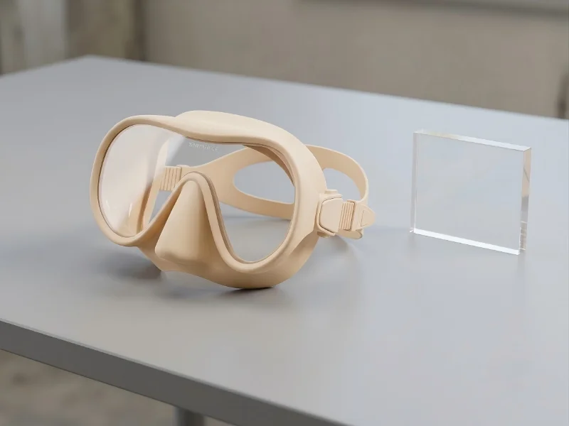 Beige diving mask displayed on a table with smooth plastic design and injection-molded features.