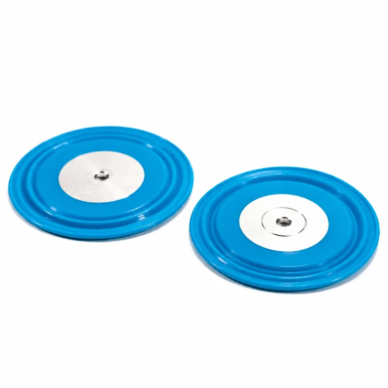 Two circular blue plastic parts with metallic central components on a white background.