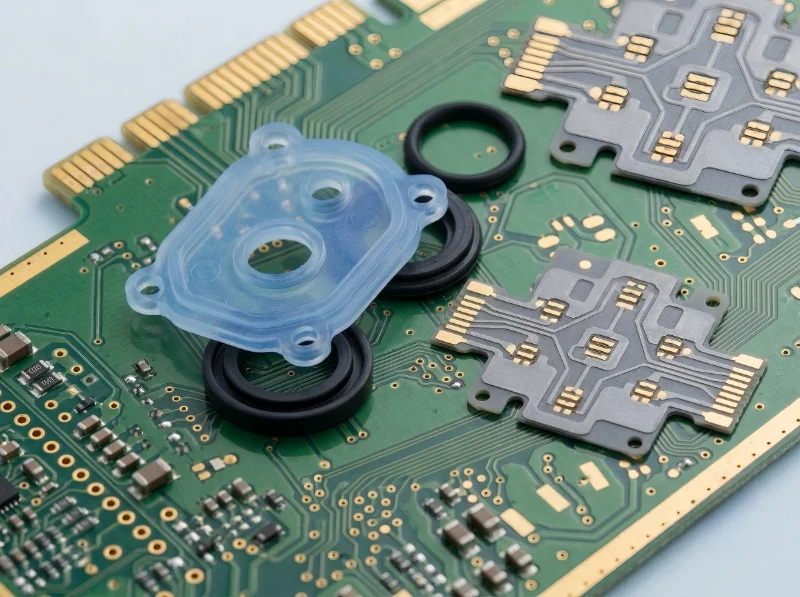Close-up of a circuit board with a translucent plastic gasket and rubber O-rings placed on top, showcasing manufacturing precision.