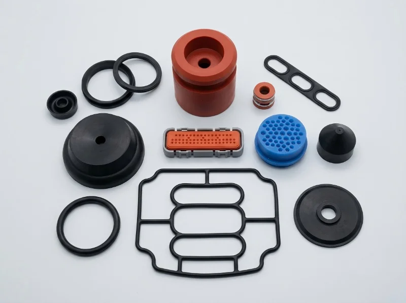 Assorted custom plastic injection molded parts including O-rings, seals, connectors, and gaskets displayed on a plain background.