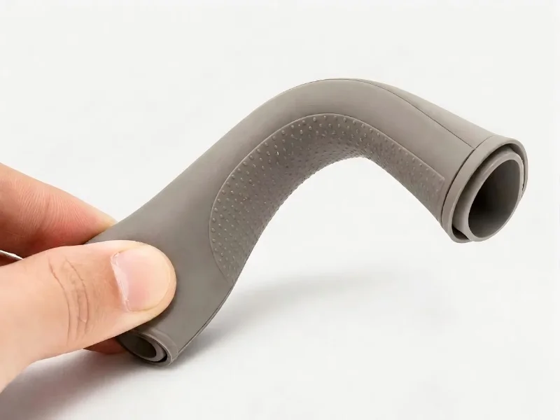 Flexible gray molded plastic part held in a hand, displaying precision injection molding details and ergonomic design.