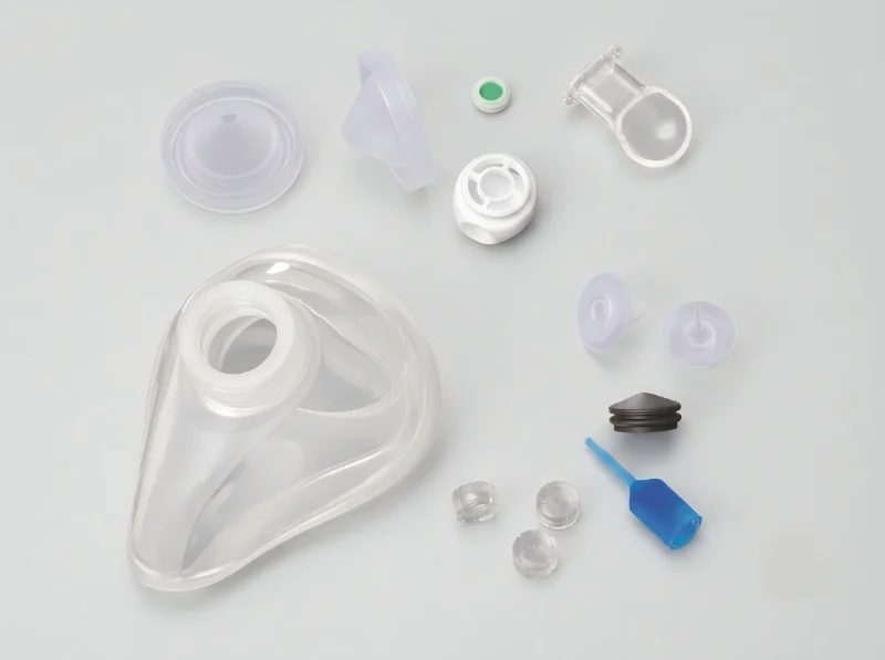 A variety of medical-grade plastic injection molded parts including a mask, connectors, and small components on a gray background.