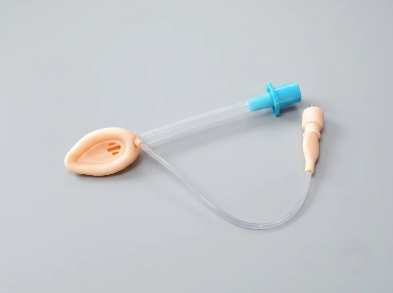 Silicone laryngeal mask with a beige airway mask, clear tube, and blue connector placed on a gray background.