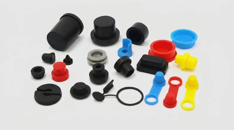 Assorted colorful plastic injection molded components, including caps, plugs, and rings, on a white background.