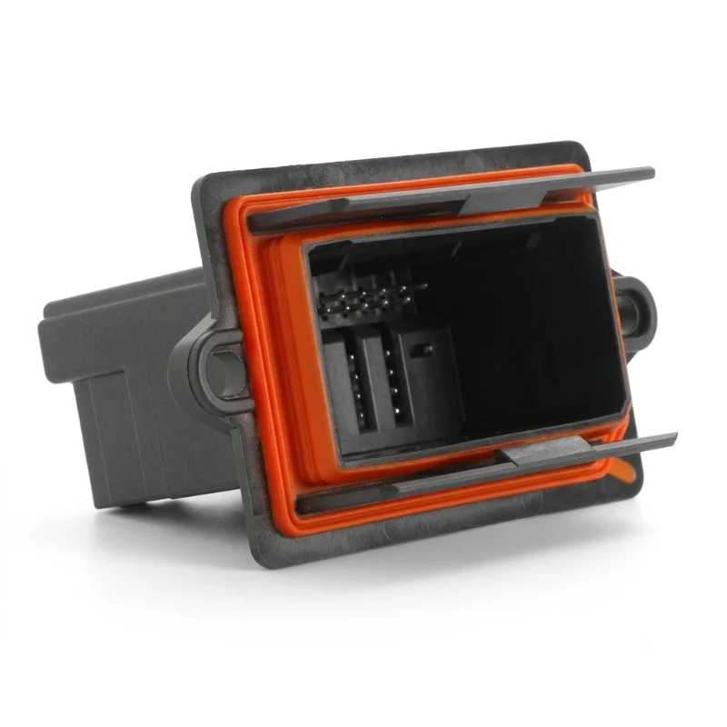 Plastic injection molded connector part with orange sealing and detailed precision for electrical connections.