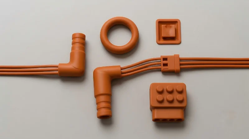 Close-up of orange plastic injection molded components including connectors and geometric shapes.
