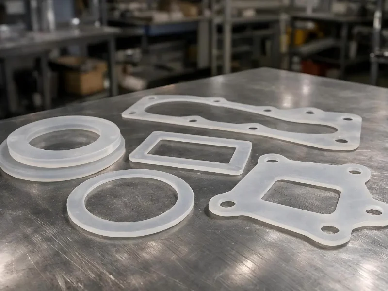 Transparent plastic injection molded gaskets on a metallic workspace table in a factory environment.