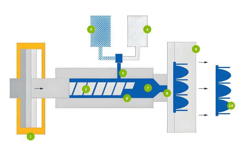Detailed illustration of the plastic injection molding process with labeled parts such as molds, injection units, and screw mechanism.