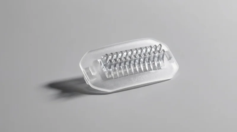 Transparent precision plastic injection-molded part with a detailed ribbed structure on a neutral gray background.