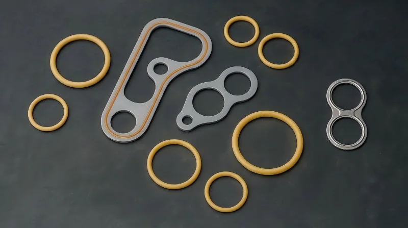 Various shapes of rubber sealing rings and metal gasket components for industrial applications showcased on a dark surface.