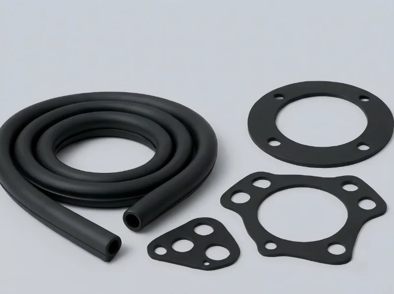Coiled rubber tubing, circular seal, and intricate gaskets in black for industrial use on a light background.