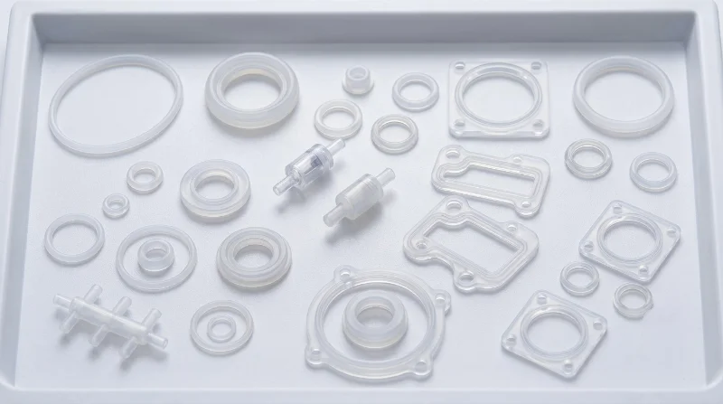 Assorted transparent plastic injection molded parts placed on a tray showcasing various shapes and designs.