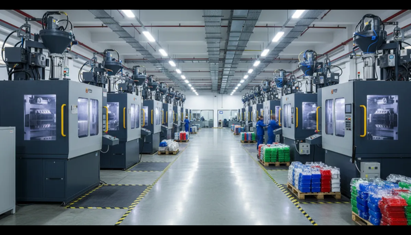 Schone spuitgietproductievloer met meerdere machines en operators voor beoordeling van leverancierscapaciteit.