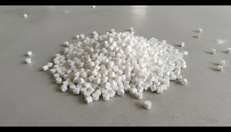 Witte thermoplastische harspellets gebruikt voor beoordeling van materiaal- en droogcondities vóór spuitgietproeven.